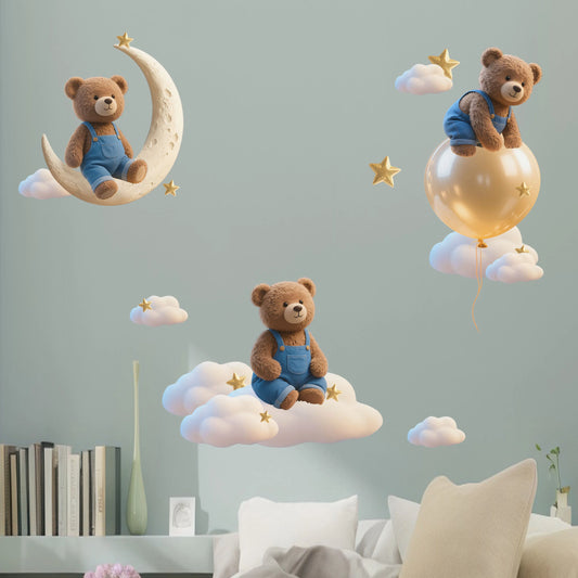 Bear Moon Clouds and Balloon Wall Decal | Kids Room Decor removable peel and stick wall decal by HomeDecorDecals.