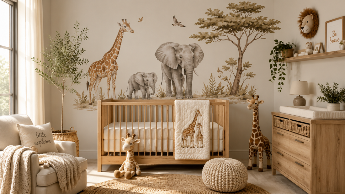 Safari nursery ideas featuring animal wall decals and neutral nursery décor