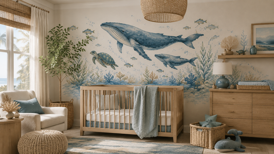 Luxury ocean-themed nursery featuring whale wall decals and coastal décor.
