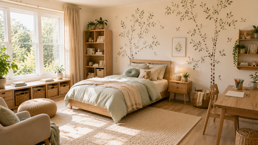 Modern kids' bedroom with woodland wall decals, natural wood furniture and timeless Scandinavian-inspired décor by HomeDecorDecals