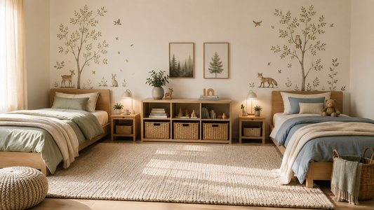 Shared kids' bedroom with two oak beds, woodland wall décor, individual sleeping zones and Scandinavian-style children's furniture