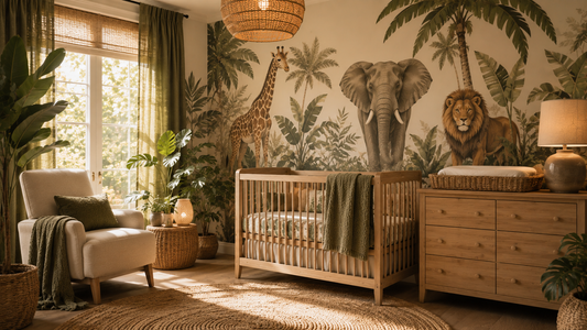Jungle nursery ideas featuring tropical wall decals, safari animals, and natural nursery décor by HomeDecorDecals