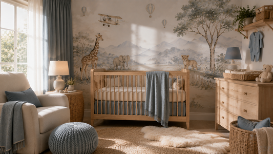 Baby boy nursery ideas featuring animal wall decals and modern nursery décor by HomeDecorDecals