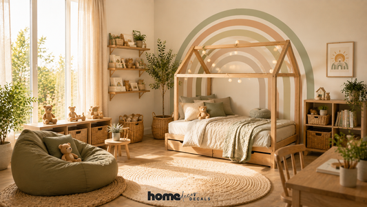 Modern Scandinavian kids' bedroom with rainbow wall decals, natural wood furniture, cosy reading corner and stylish children's room décor by HomeDecorDecals