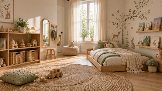 Montessori-inspired kids' bedroom with low oak bed, accessible storage, reading area and nature wall decals