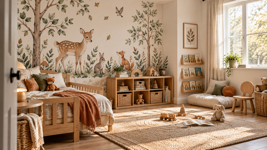 Stylish toddler bedroom with natural wood bed, accessible storage, reading corner and woodland animal wall decals