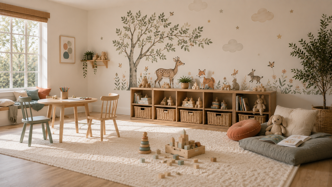 Creative kids playroom ideas with wall decals, activity table and organised toy storage