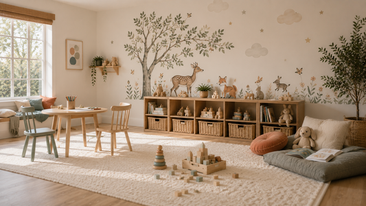 Creative kids playroom ideas with wall decals, activity table and organised toy storage