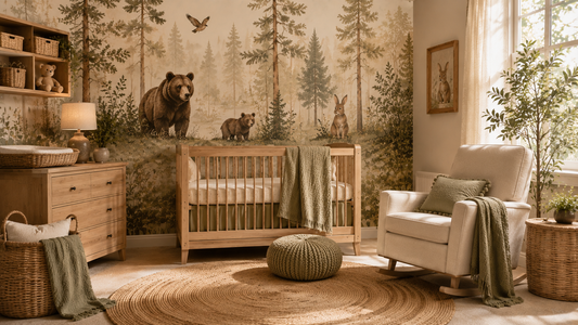Woodland nursery ideas featuring forest animal wall decals and natural nursery décor by HomeDecorDecals