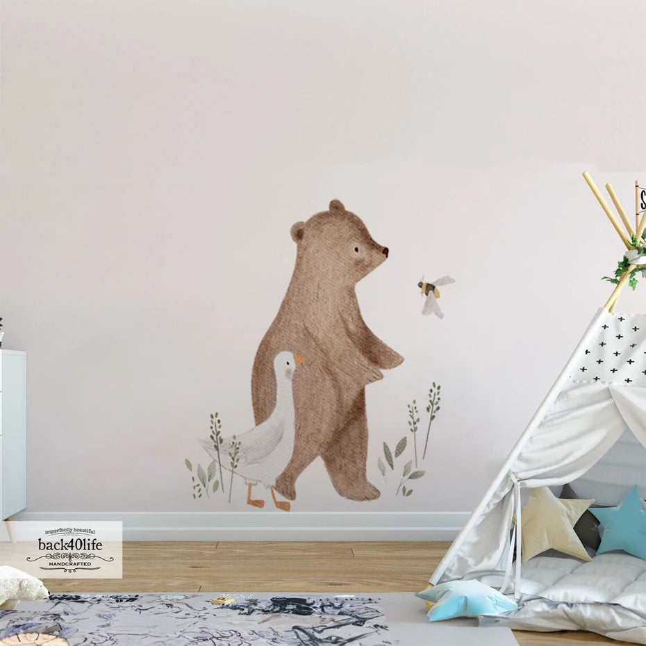 Cartoon Bear Duck Bee Animals Watercolor Wall Sticker Nursery Child Room Decal Art Baby Kids Room Bedroom Living Home Decor-HomeDecorDecals_com