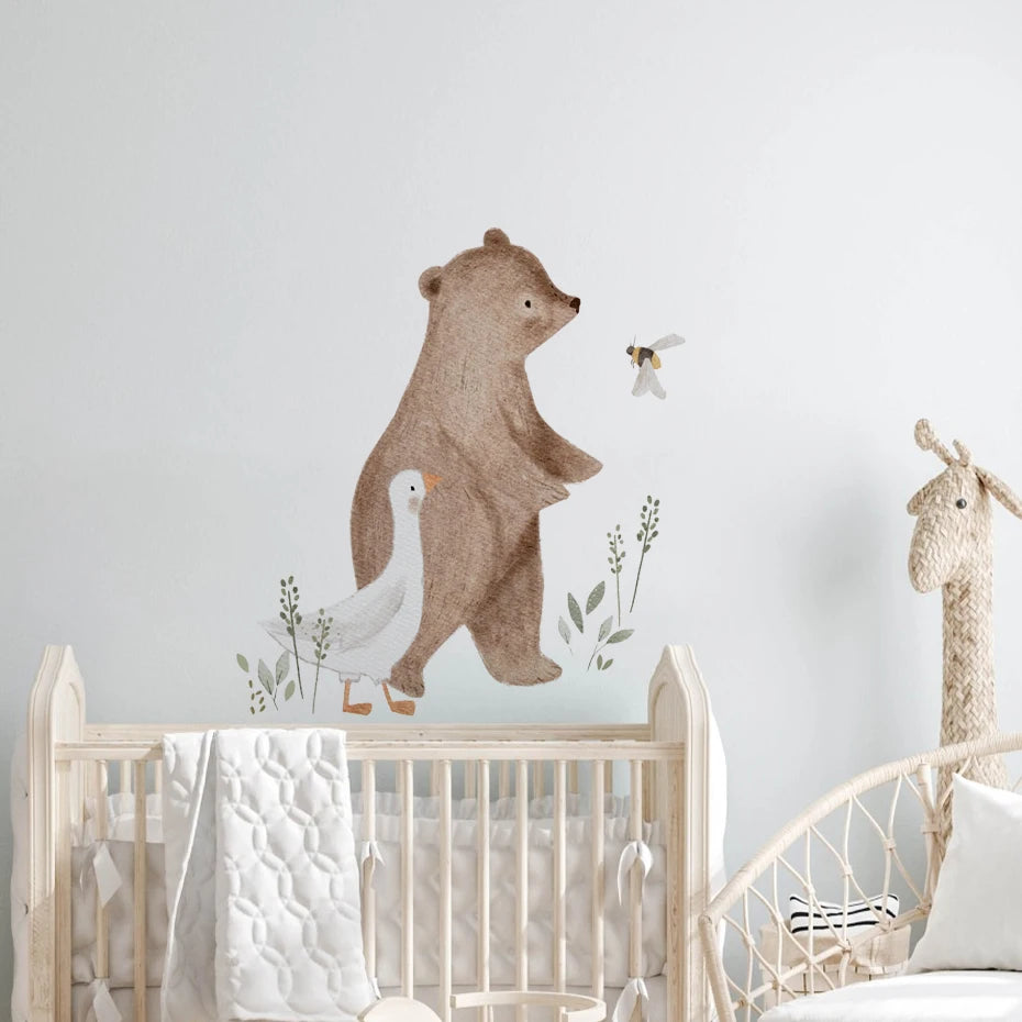 Cartoon Bear Duck Bee Animals Watercolor Wall Sticker Nursery Child Room Decal Art Baby Kids Room Bedroom Living Home Decor-HomeDecorDecals_com