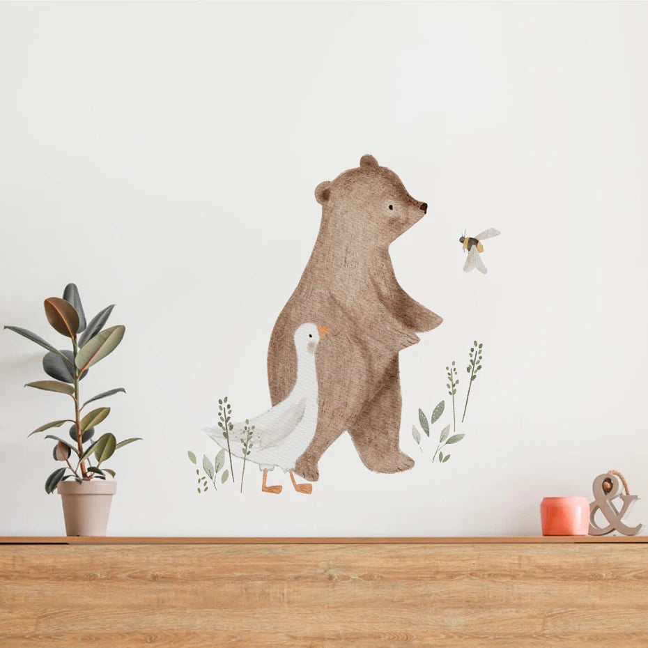 Cartoon Bear Duck Bee Animals Watercolor Wall Sticker Nursery Child Room Decal Art Baby Kids Room Bedroom Living Home Decor-HomeDecorDecals_com