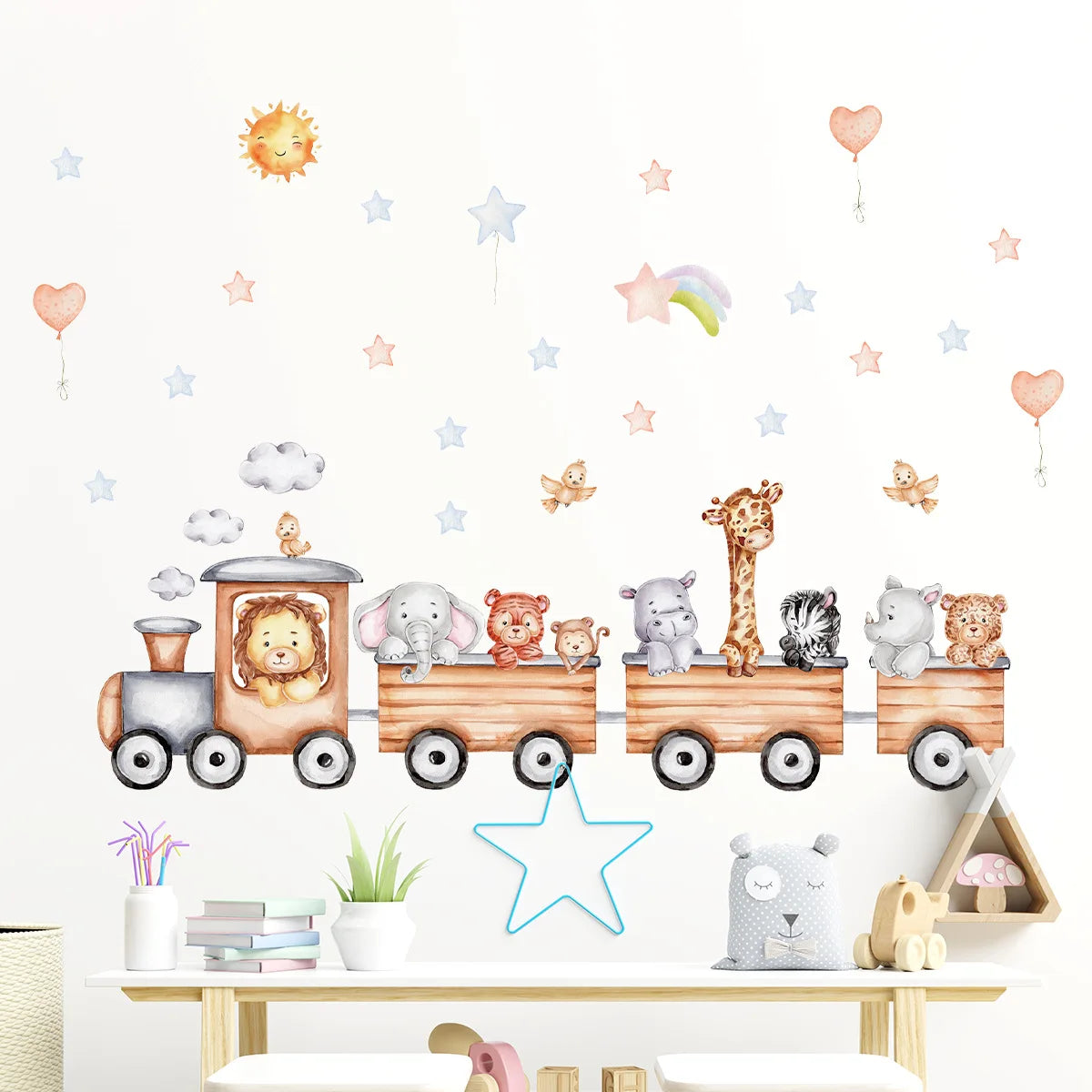 Additional view of Animals on Train Airplane and Hot Air Balloon Wall Decal | Kids Room Decor by HomeDecorDecals.