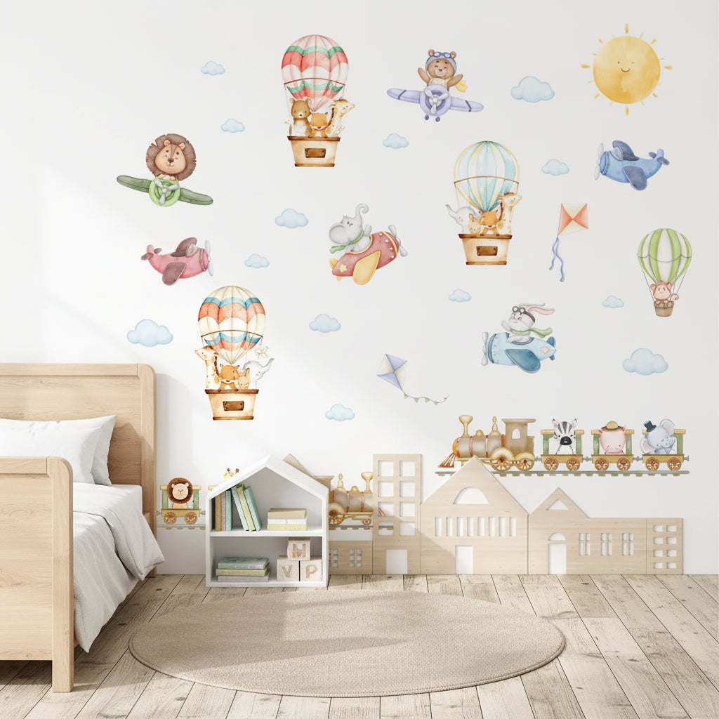 Animals on Train Airplane and Hot Air Balloon Wall Decal | Kids Room Decor by HomeDecorDecals.