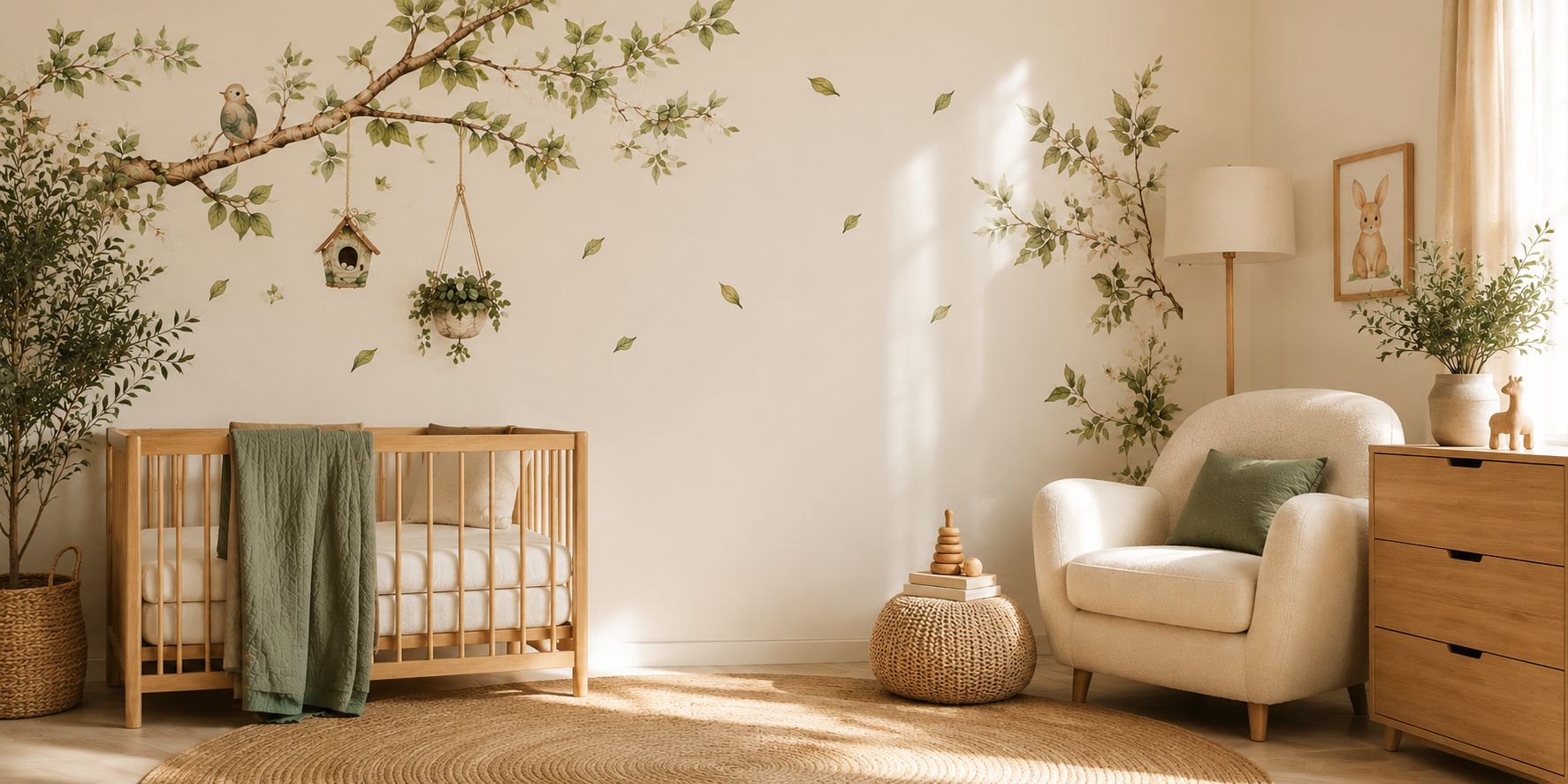 A styled nursery interior with a wooden crib, cream armchair, dresser, lamp, plants, and wall decals of a tree branch with leaves and small birds. No person or animal is present, but this is still not a clean isolated product shot; it shows the product in a real room environment, so subject_type is Lifestyle _ HomeDecorDecals