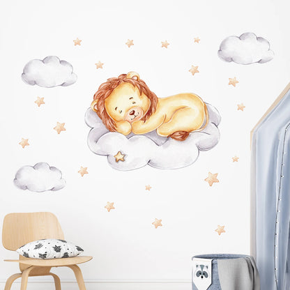 Cartoon Lion on Cloud & Stars Wall Decal | Kids Room Decor decorative wall feature by HomeDecorDecals.