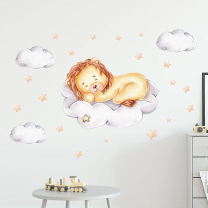 Cartoon Lion on Clouds & Stars Wall Decal | Kids Room decorative wall feature by HomeDecorDecals.