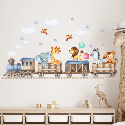 Close-up view of Animals Riding on Small Trains Wall Decal | Kids Room Decor by HomeDecorDecals.