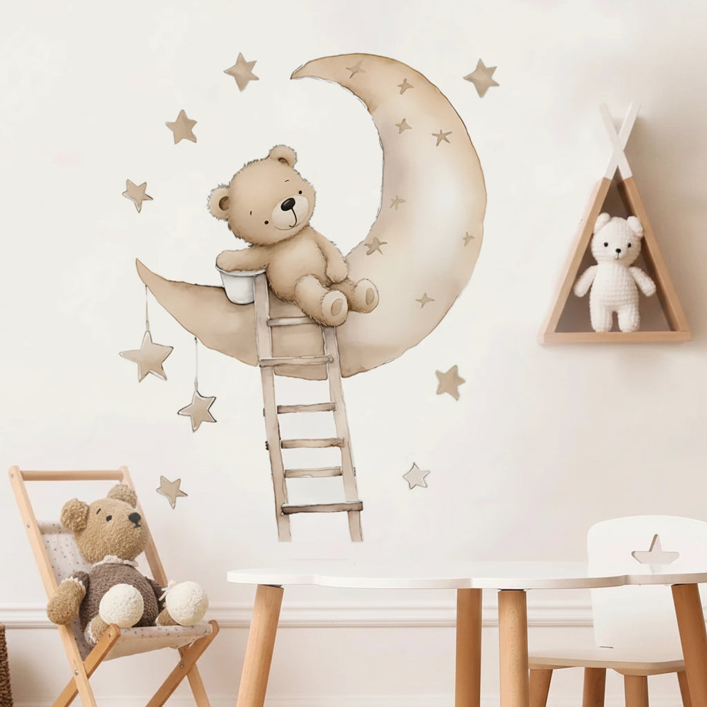 Close-up view of Bear Star and Moon Wall Decal | Kids Room Decor by HomeDecorDecals.