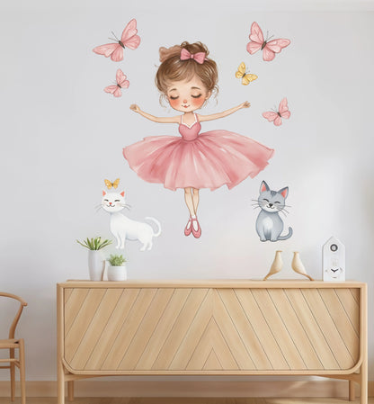 Close-up view of Dancing Princess Kitten and Butterfly Wall Decal | Kids Room Decor by HomeDecorDecals.