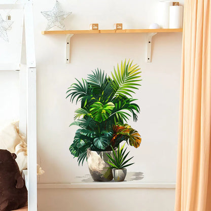 Close-up view of Modern Style Painted Green Potted Plant Wall Decal | Home Decor by HomeDecorDecals.