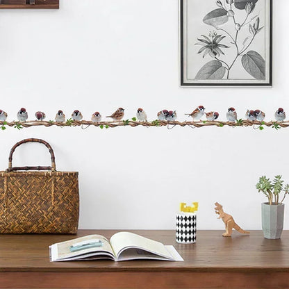Close-up view of Row of Birds Standing on a Vine Wall Decal | Home Decor by HomeDecorDecals.