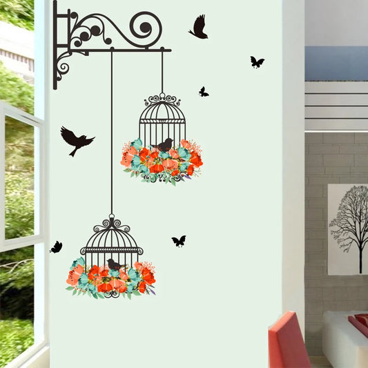 Colourful Flower Birdcage and Flying Birds Wall Decal | Home Decor by HomeDecorDecals.