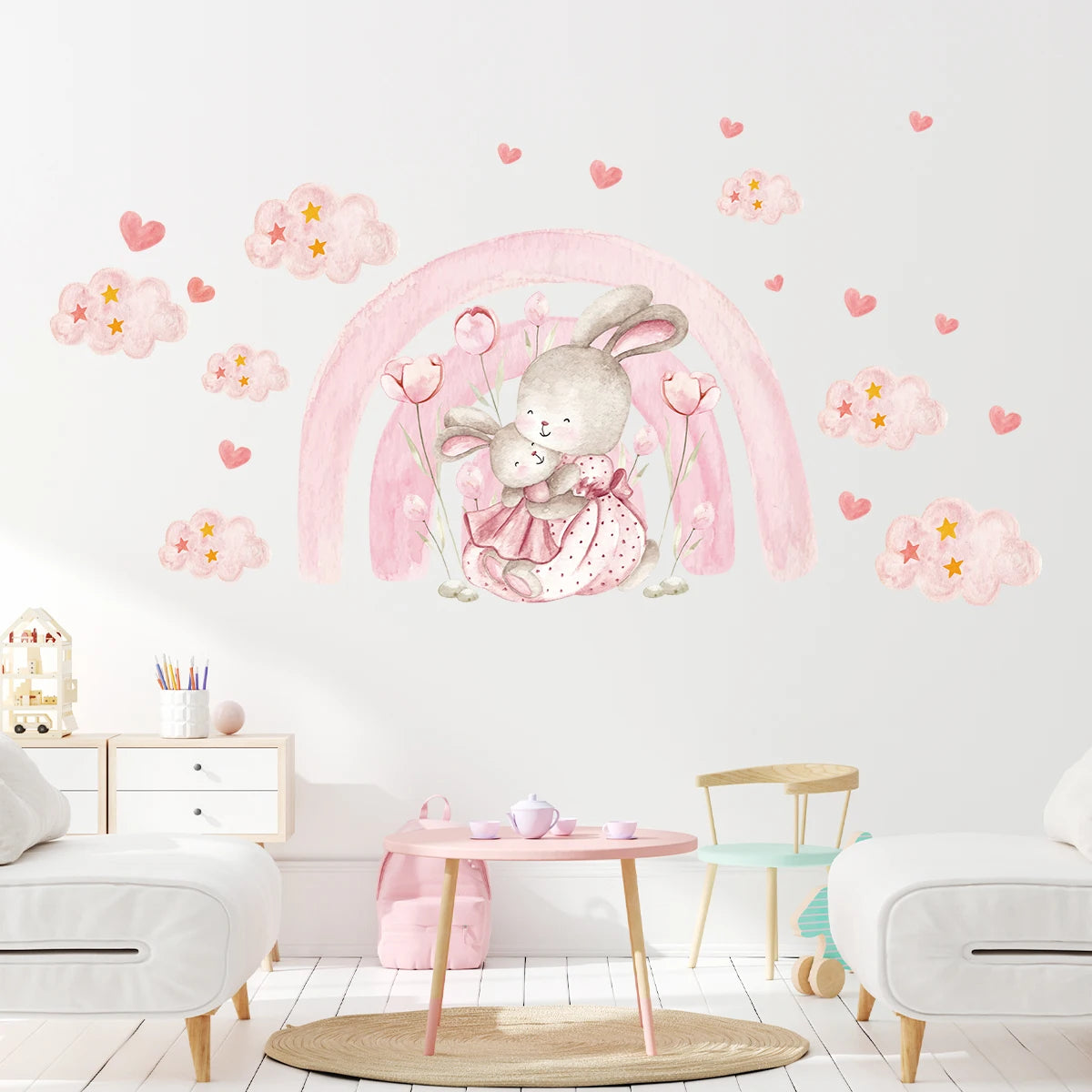 Cute Rainbow Rabbit and Balloon Wall Decal | Kids Room Decor removable peel and stick wall decal by HomeDecorDecals.