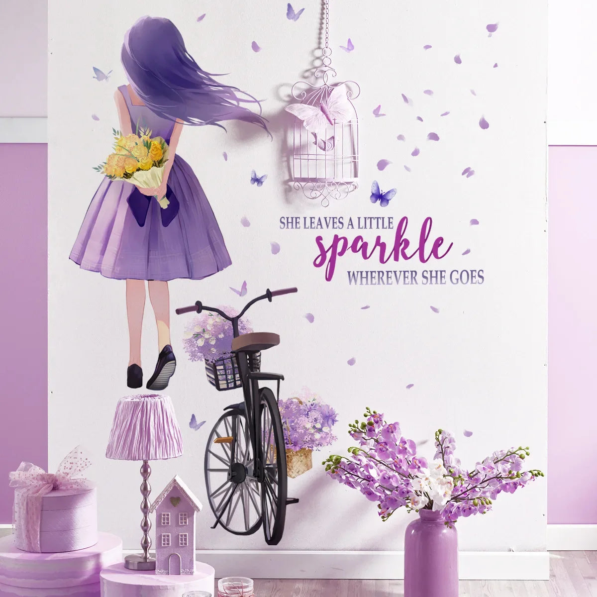 Decorative wall art with a girl in a purple dress | Kids Room Decor by HomeDecorDecals.