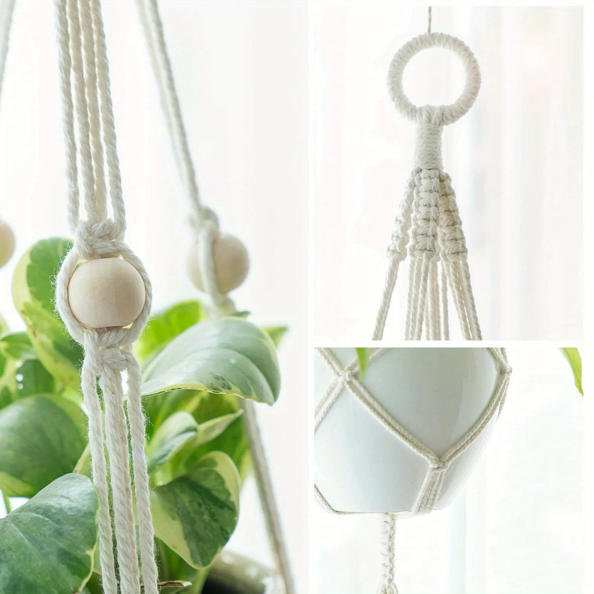 Detailed look at Hanging Planter Basket Cotton Rope with Beads | Home Decor by HomeDecorDecals.