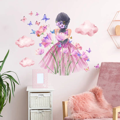 Flowers Butterfly and Girl Wall Decal | Kids Room Decor removable peel and stick wall decal by HomeDecorDecals