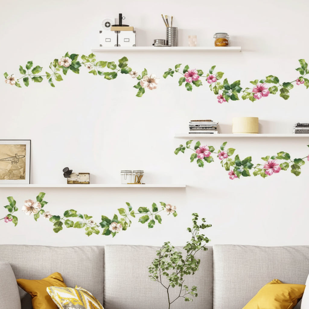 Green Leaf Pink Flower Vine Wall Decal | Home Decor by HomeDecorDecals.
