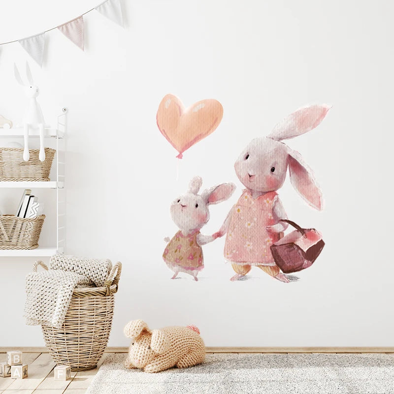 Walking Bunny Mother with Sleeping Baby Rabbit Wall Stickers for Kids Room Decorative Nursery Wall Decals Removable Decoration-HomeDecorDecals_com
