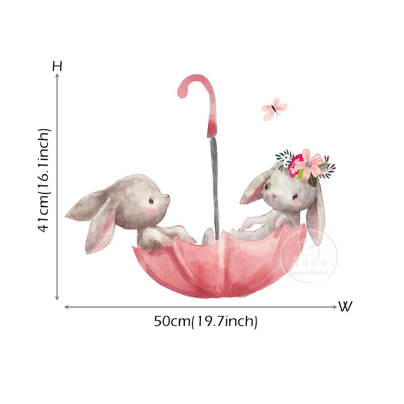 Cute Grey Bunny Ballet Rabbit Wall Stickers for Kids Room Cat Baby Nursery Wall Decals Pink Flower for Girl Room Home Decoration-HomeDecorDecals_com