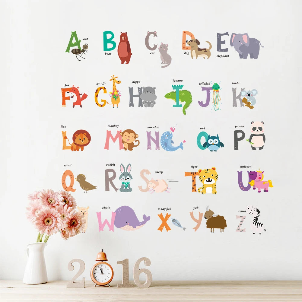 Cartoon wild jungle 26 letters alphabet animal wall stickers for rooms for kids home decoration children wall decal poster mural-HomeDecorDecals_com