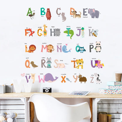 Cartoon wild jungle 26 letters alphabet animal wall stickers for rooms for kids home decoration children wall decal poster mural-HomeDecorDecals_com