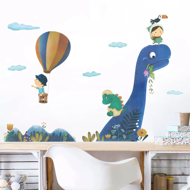 Cartoon Blue Dinosaur Hot Airballoon Kids Cloud Wall Stickers for Kids Room Baby Nursery Decorative Stickers Wall Decals PVC-HomeDecorDecals_com