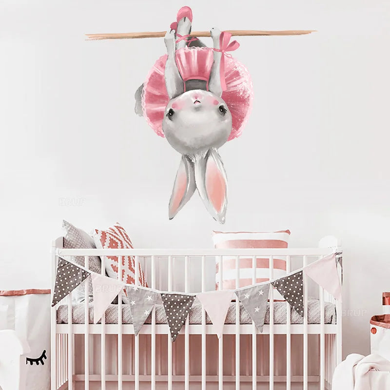 Cute Grey Bunny Ballet Rabbit Wall Stickers for Kids Room Cat Baby Nursery Wall Decals Pink Flower for Girl Room Home Decoration-HomeDecorDecals_com