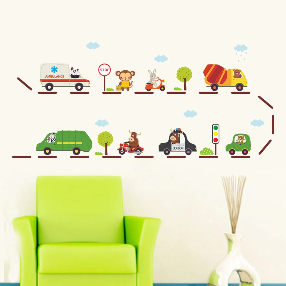 Cartoon car road track creative wall sticker for kids rooms nursery children's room decor on the wall car murals Child gift-HomeDecorDecals_com