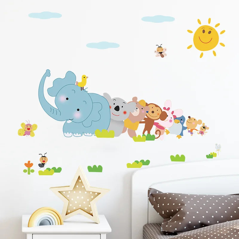 Happy Animals Elephant Monkey Wall Sticker For Kids Room Bedroom Home Decor DIY Art Background Decals Cute Cartoon Zoo Stickers-HomeDecorDecals_com
