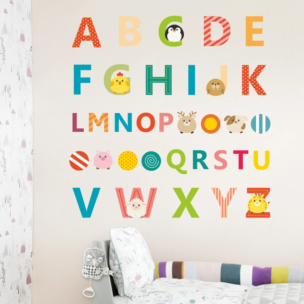 Cartoon wild jungle 26 letters alphabet animal wall stickers for rooms for kids home decoration children wall decal poster mural-HomeDecorDecals_com