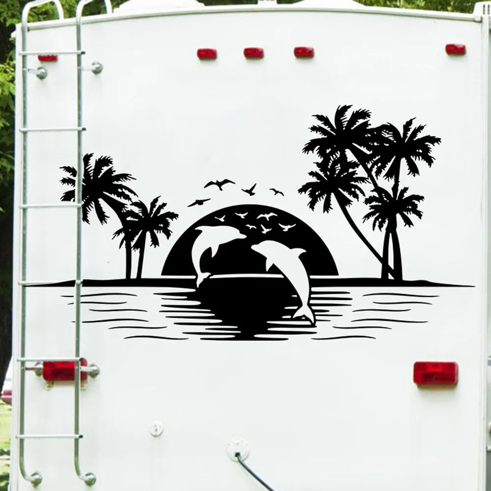 Large Camper Rv Skyline Dolphins Wall Sticker Motorhome Palm Tree Fish Ocean Sun Landscape Wall Decal Bedroom Vinyl Home Decor-HomeDecorDecals_com