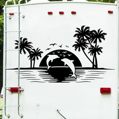 Large Camper Rv Skyline Dolphins Wall Sticker Motorhome Palm Tree Fish Ocean Sun Landscape Wall Decal Bedroom Vinyl Home Decor-HomeDecorDecals_com