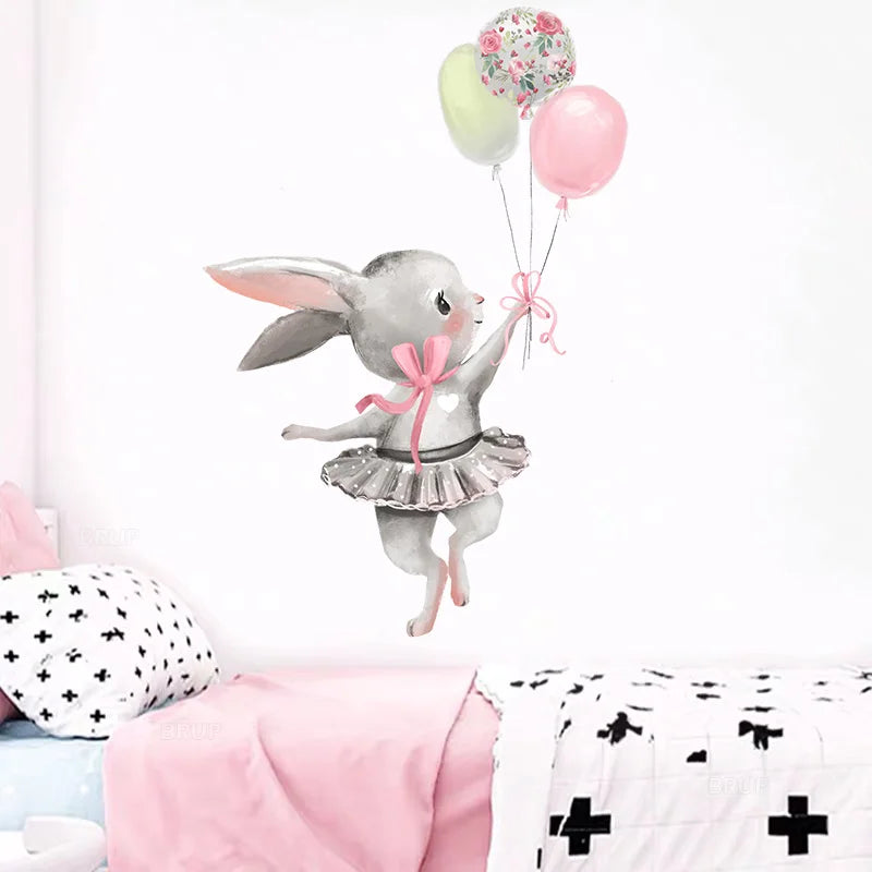 Cute Grey Bunny Ballet Rabbit Wall Stickers for Kids Room Cat Baby Nursery Wall Decals Pink Flower for Girl Room Home Decoration-HomeDecorDecals_com