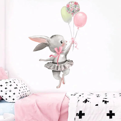 Cute Grey Bunny Ballet Rabbit Wall Stickers for Kids Room Cat Baby Nursery Wall Decals Pink Flower for Girl Room Home Decoration-HomeDecorDecals_com