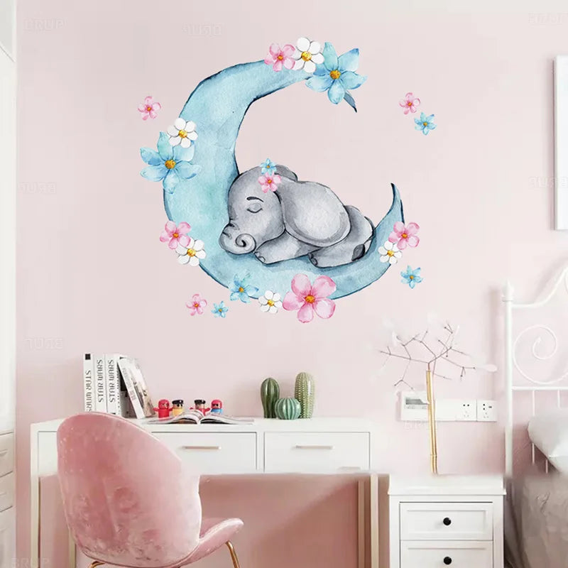 Watercolor Sleeping Baby Elephant on the Moon Wall Stickers With Flowers for Kids Room Baby Nursery Room Wall Decals Room PVC-HomeDecorDecals_com