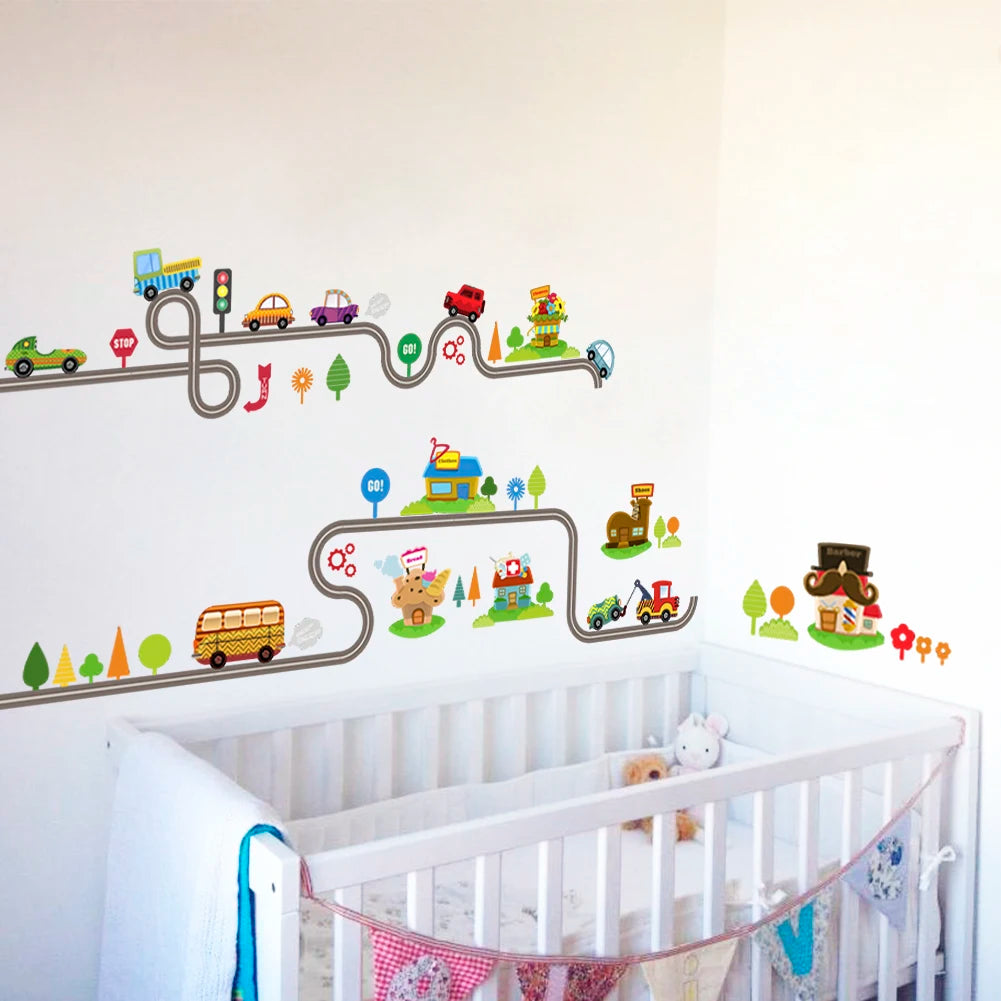 Cartoon car road track creative wall sticker for kids rooms nursery children's room decor on the wall car murals Child gift-HomeDecorDecals_com