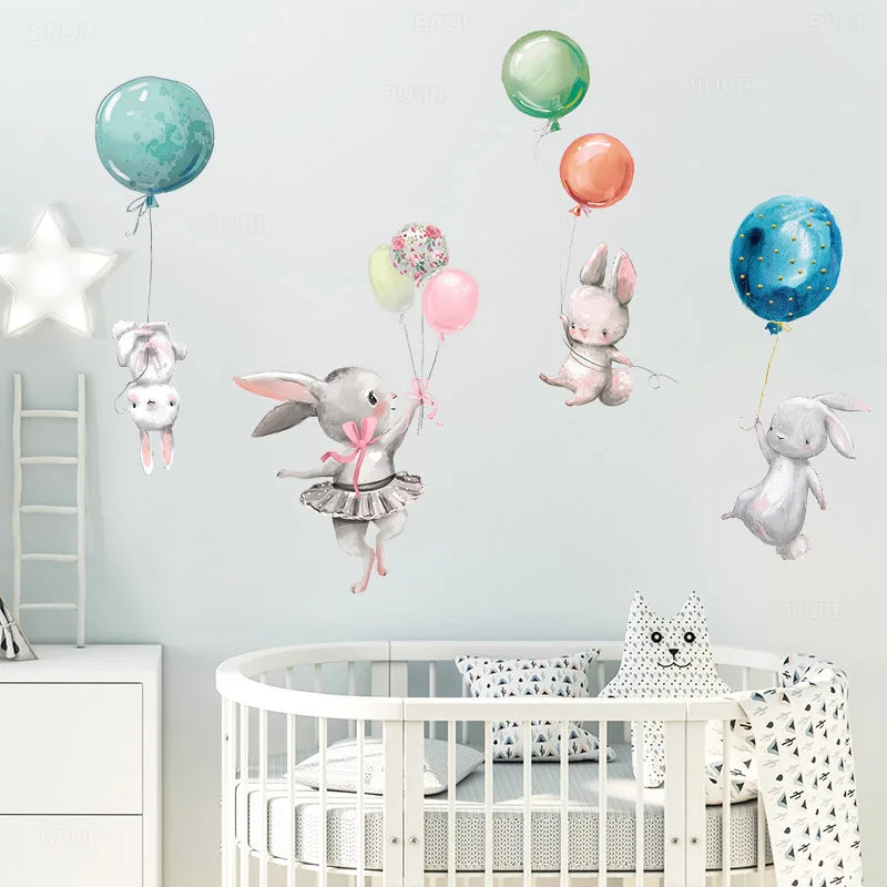 Bunny Baby Nursery Wall Stickers Cartoon Rabbit Swing on the Stars Wall Decals for Kids Room PVC Removable Stickers PVC DIY-HomeDecorDecals_com