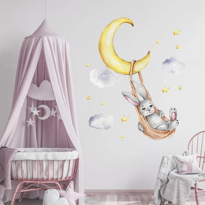 Bunny Baby Nursery Wall Stickers Cartoon Rabbit Swing on the Stars Wall Decals for Kids Room PVC Removable Stickers PVC DIY-HomeDecorDecals_com