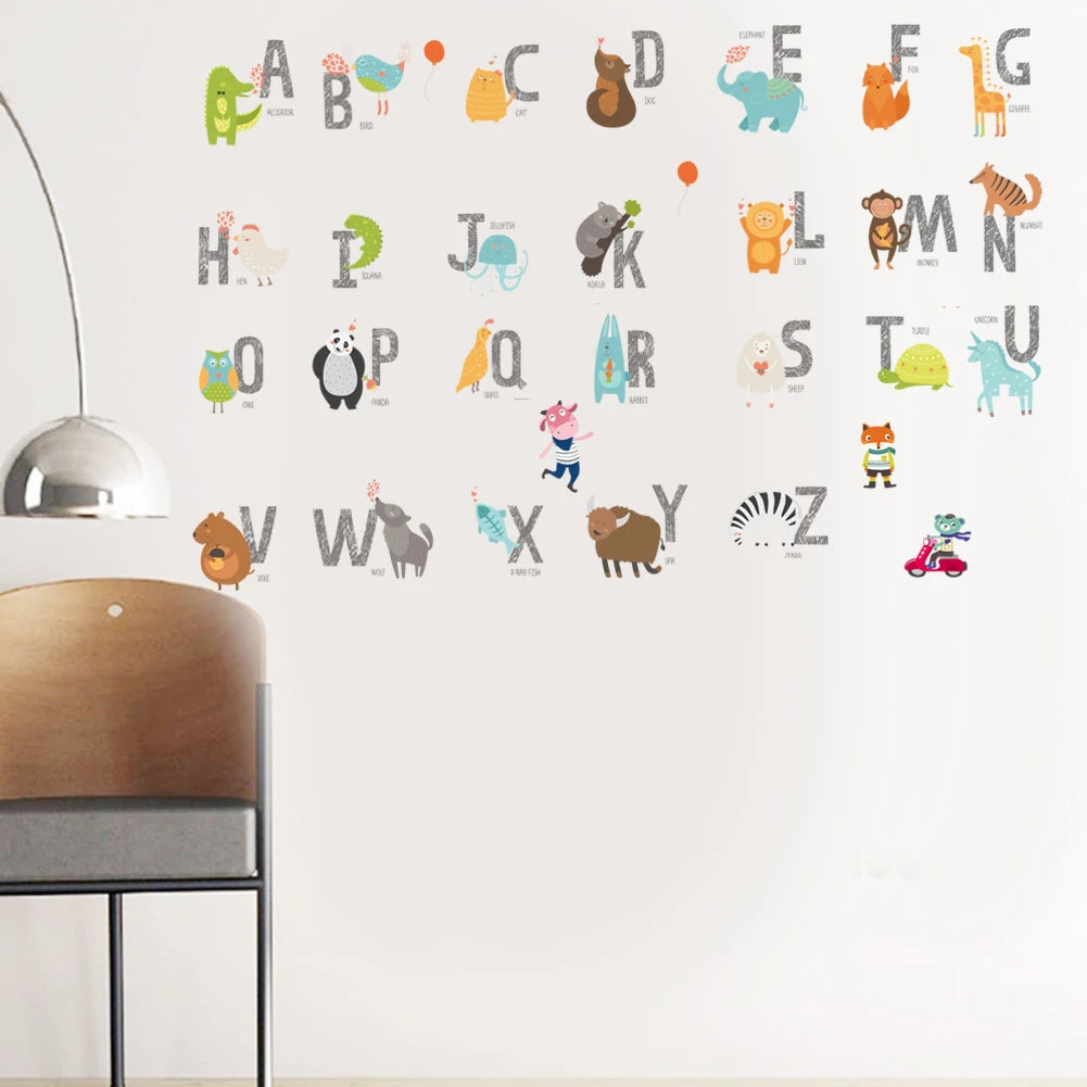 Cartoon wild jungle 26 letters alphabet animal wall stickers for rooms for kids home decoration children wall decal poster mural-HomeDecorDecals_com